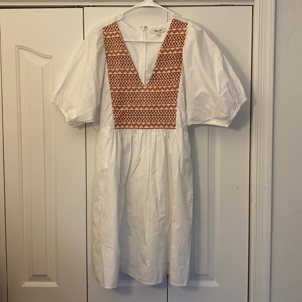 Madewell White Mini Dress with Rust Embroidered V-Yoke